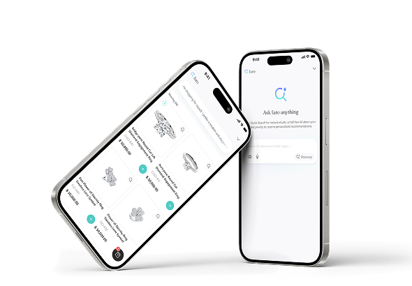 faro AI running on two iPhones, showing search results and the Ask faro anything screen