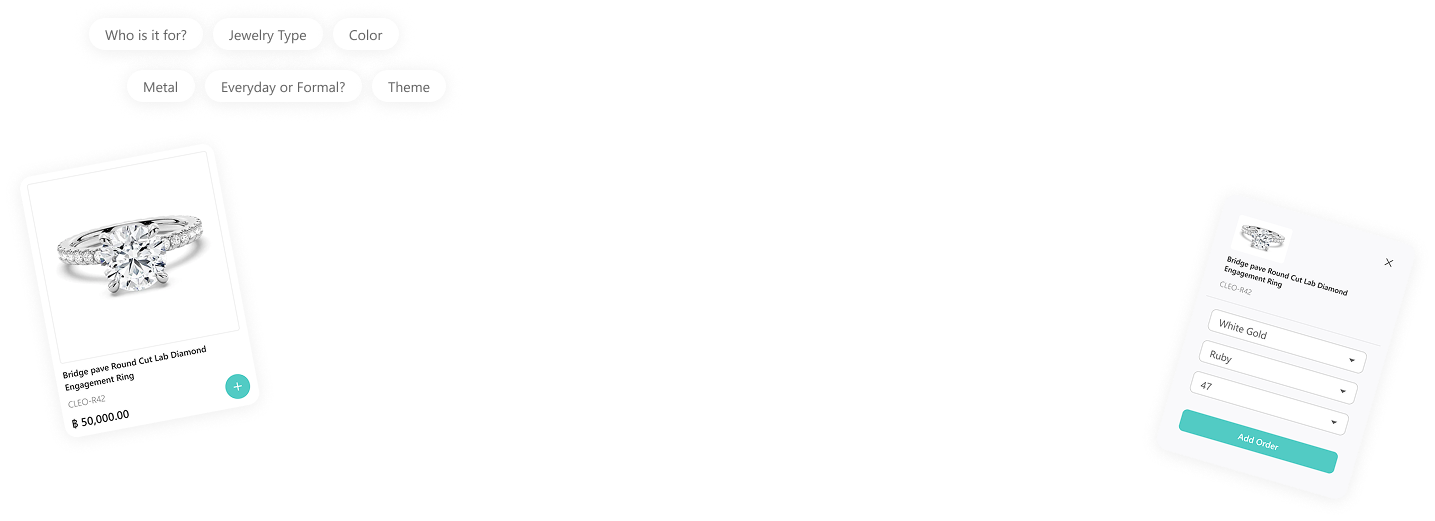 Suggested search prompts beside jewelry product and ordering cards