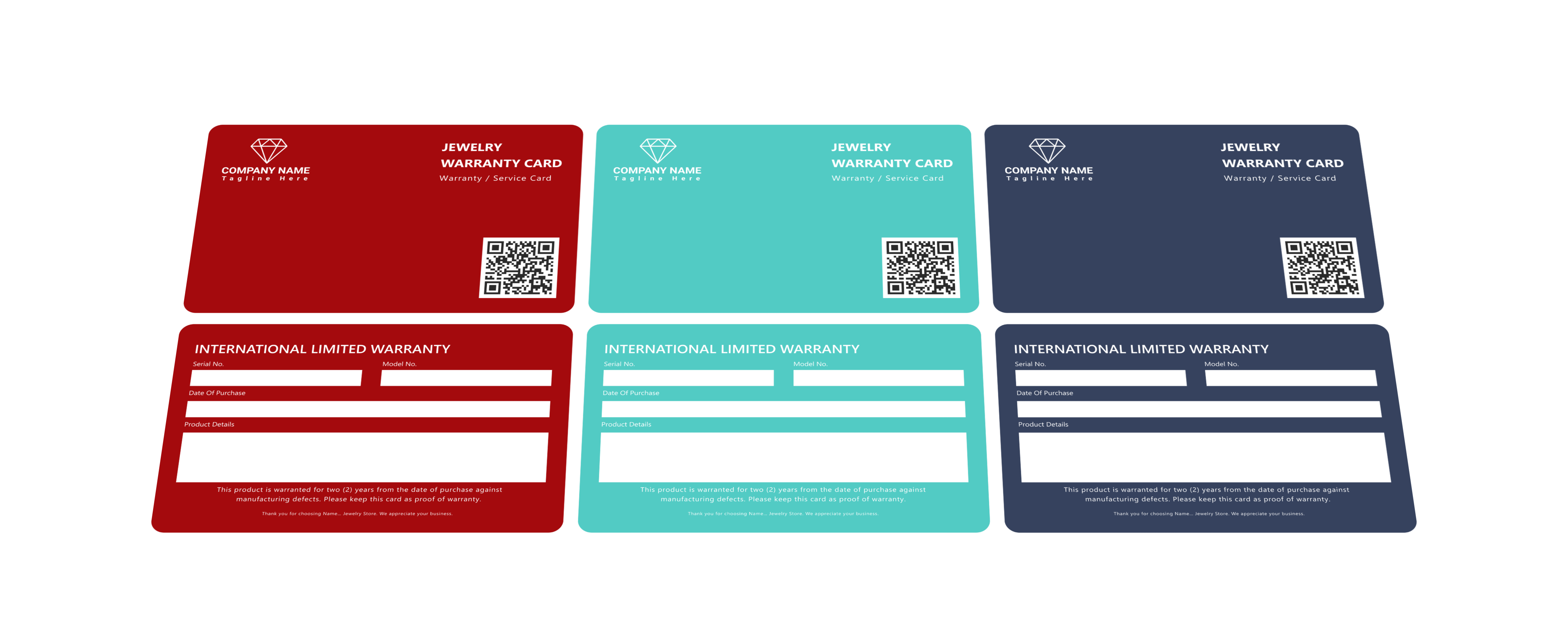 Six jewelry warranty card designs in red, teal and navy, front and back
