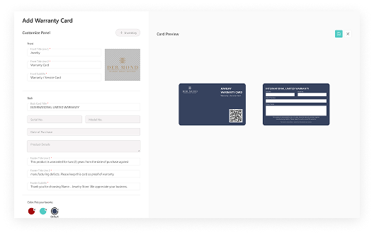 Add Warranty Card screen with a live card preview beside it