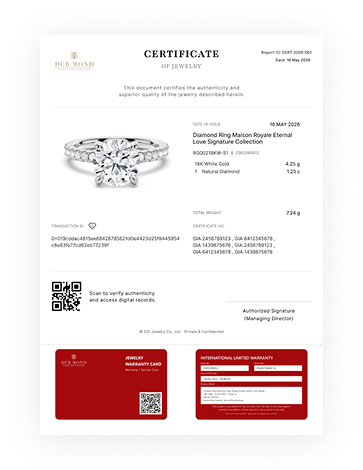Jewelry certificate of authenticity with a matching red warranty card
