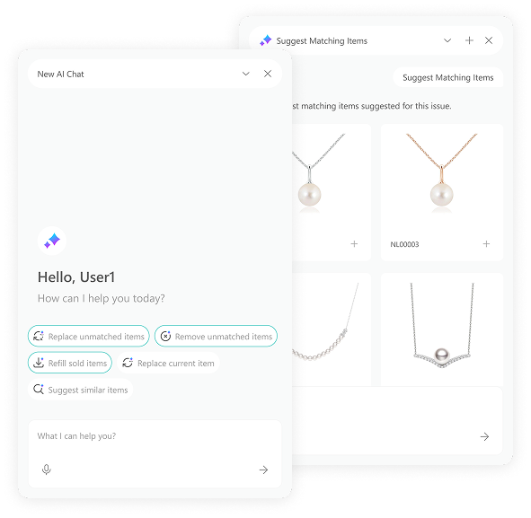 AI chat panel beside a Suggest Matching Items screen of necklaces