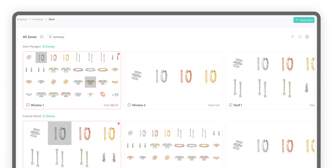 All Zones dashboard showing jewelry display zones across store locations