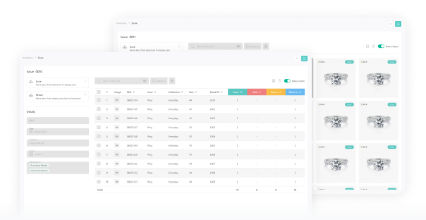 Issue and Return transaction screens with jewelry inventory rows